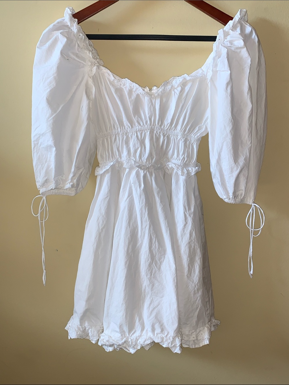 White Puff-Sleeve Mini Dress with Square Neck and Smocked Waist